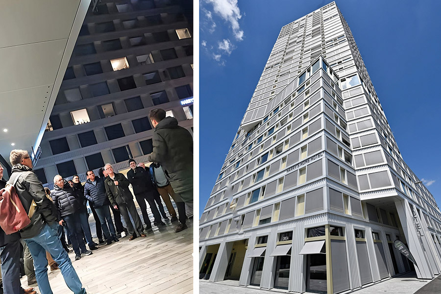 Il responsabile di progetto Fabian Obrist (a destra) presenta questo imponente edificio ai soci di Network. (Foto: Gruppo regionale di Berna; Instagram)